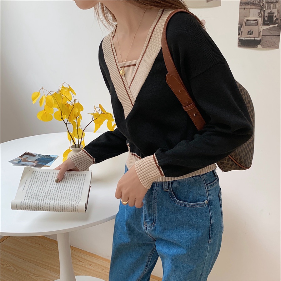 SUXI Áo sweater cổ chữ V thiết kế mới thời trang mùa thu theo phong cách hàn quốc cho nữ