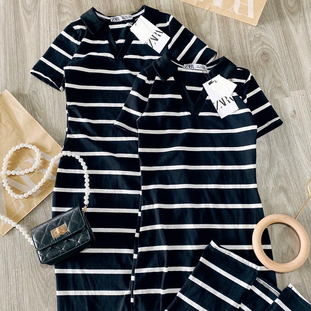 VÁY Polo Zara Zip Kẻ co giãn - cổ cổ V đức tone kẻ