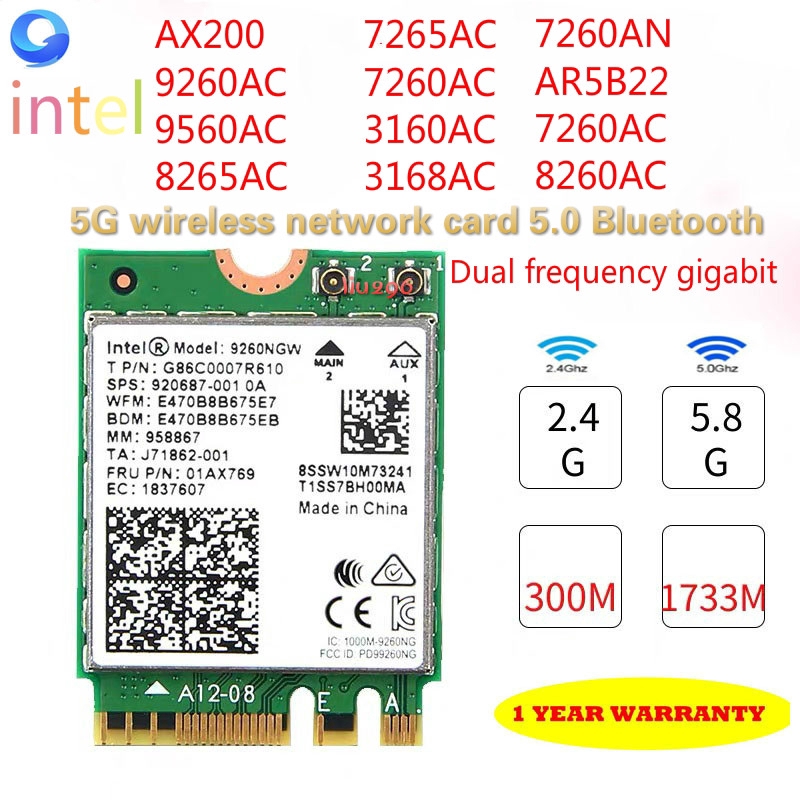 Card mạng không dây Intel AX200 7260AC 7265AC 9260AC 9560AC 8265AC 8260AC 3165AC 3160ACnotebook 5G 5.0 Bluetooth NGFF