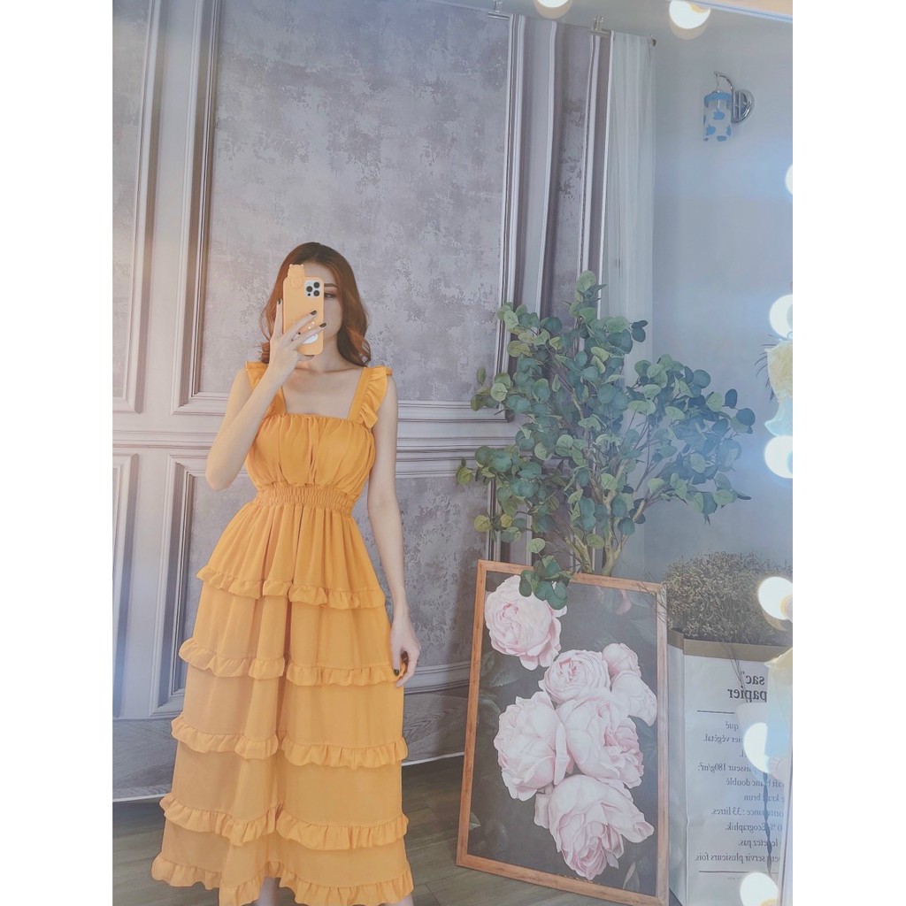 Đầm maxi vải voan tay cánh tiên có lót trong 5 tầng tiểu thư hot trend