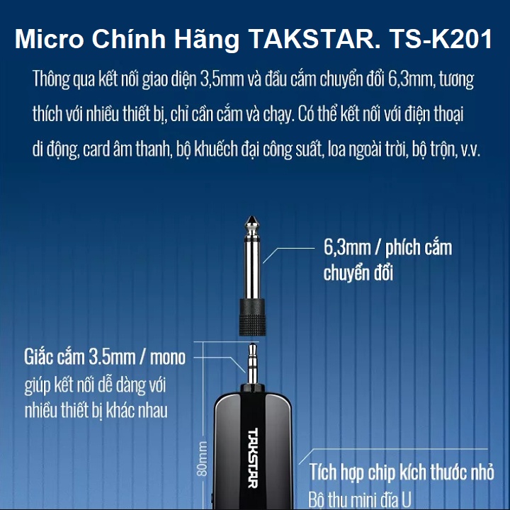 Micro Không Dây TAKSTAR TS-K201, Mic Không Dây Kết Nối Sóng UHF, Có jack Cắm 3.5 Và 6.5 - Chuyên Hát Karaoke- Livestream