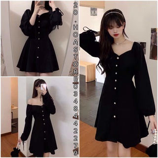 Đầm nữ cổ vuông cúc dọc màu đen tay nơ - váy trễ vai khóa kéo cột nơ tay ulzzang