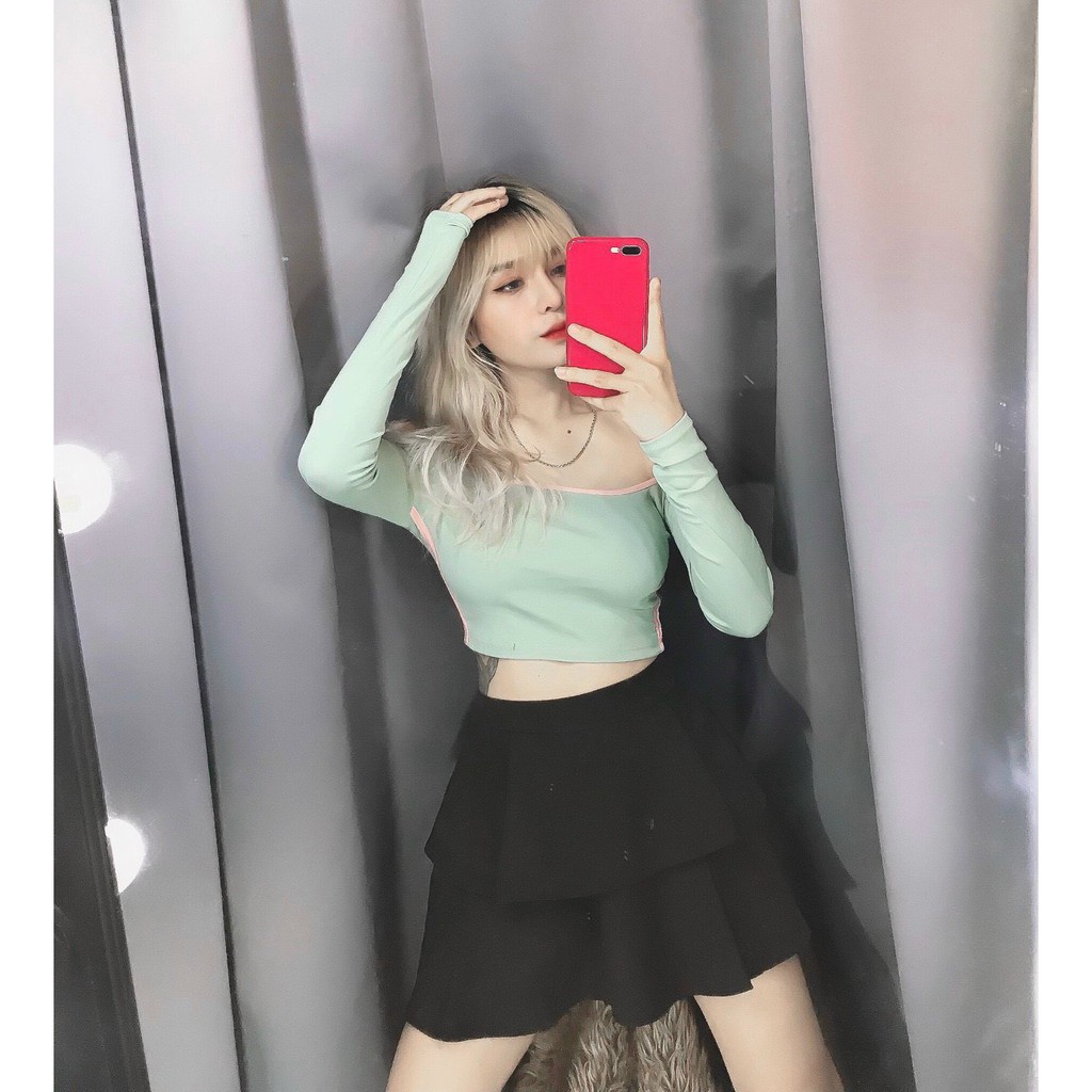 Áo kiểu croptop tay dài trễ vai viền màu cực xinh , chất thun bozip mềm mịn co giãn
