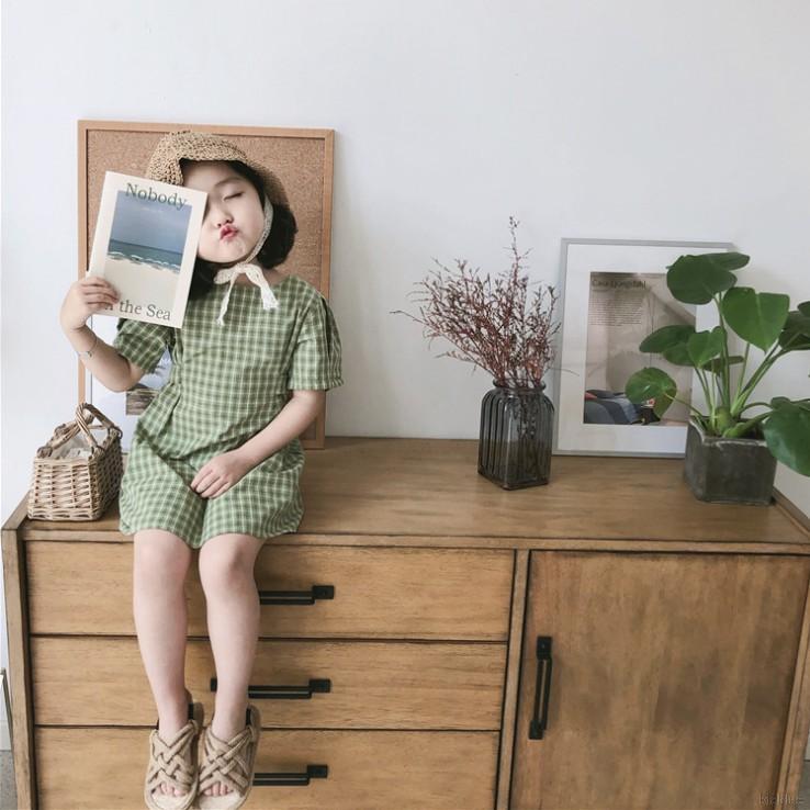 Đầm Cotton Ngắn Tay Kẻ Sọc Vuông Cho Bé Gái