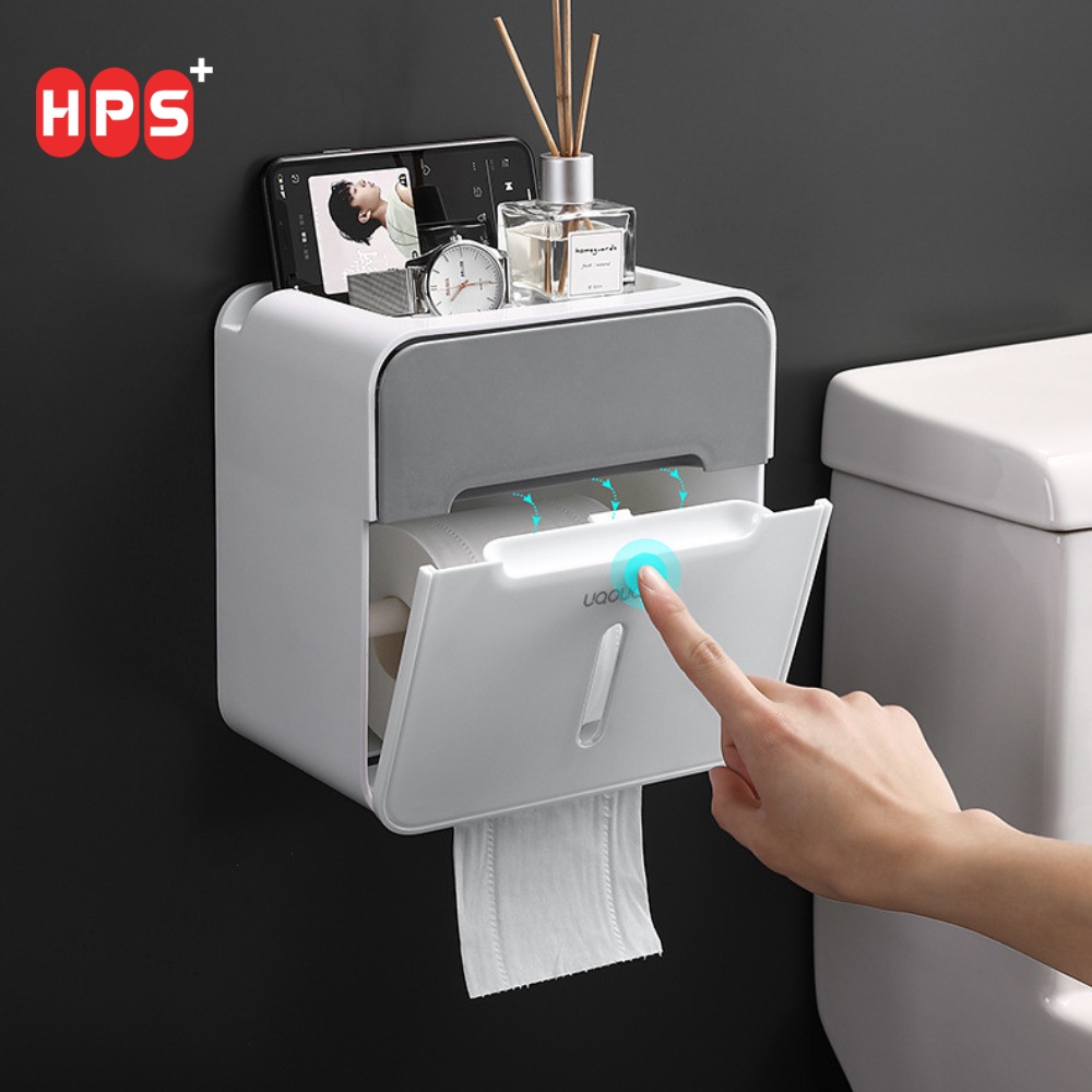 Hộp đựng giấy vệ sinh gắn tường có ngăn chứa đồ, Kệ để đồ nhà tắm 2 ngăn tiện lợi tặng kèm miếng dán siêu dính