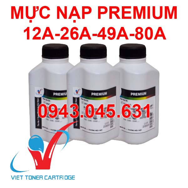 Mực nạp máy in Premium Viettoner 12A, 15A, 16A, 26A, 49A, 53A, 80A, 70A, 76A, 93A .... Siêu đậm