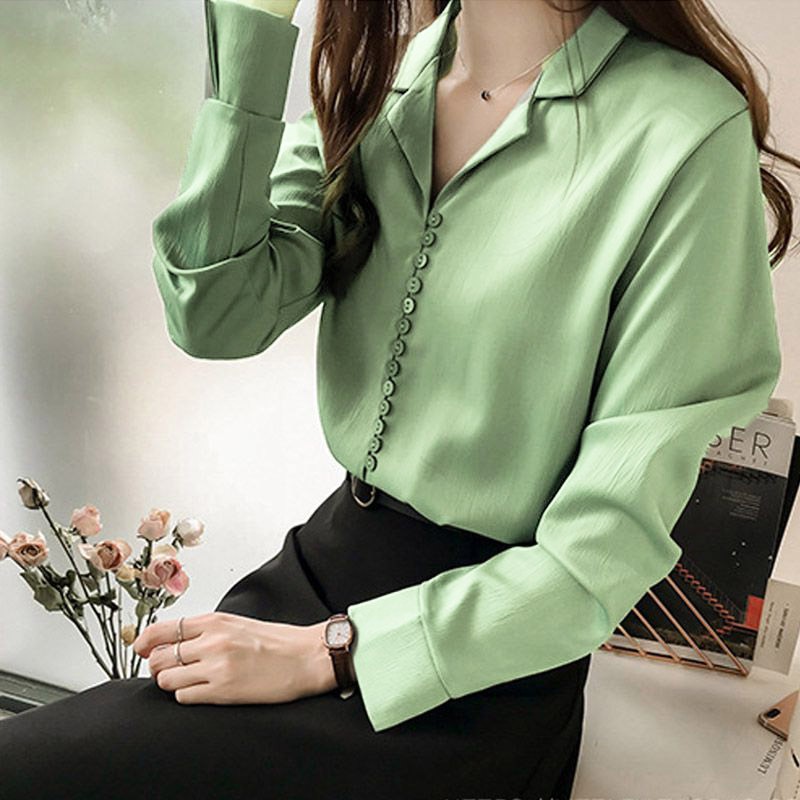 Áo sơ mi cổ chữ V dáng rộng màu trơn thanh lịch cho nữ