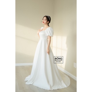 Váy cưới lụa 2 da tay bí cổ vuông DC591