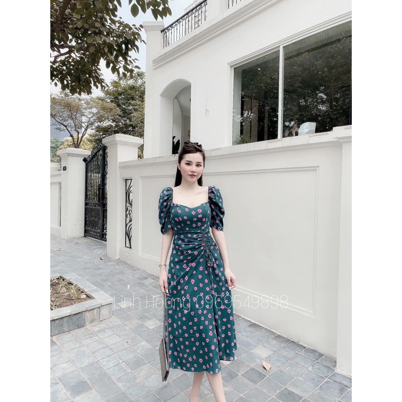 [Mã SKAMA06 giảm 8% tối đa 50K đơn 250K] VNU252 - VÁY XANH LÁ HOA TÍM CỔ VUÔNG DÚM EO | BigBuy360 - bigbuy360.vn