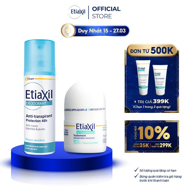 Combo Lăn Kiểm Soát Mùi Cho Da Nhạy Cảm 15ml và Xịt Kiểm Soát Mùi Hàng Ngày Etiaxil 100ml