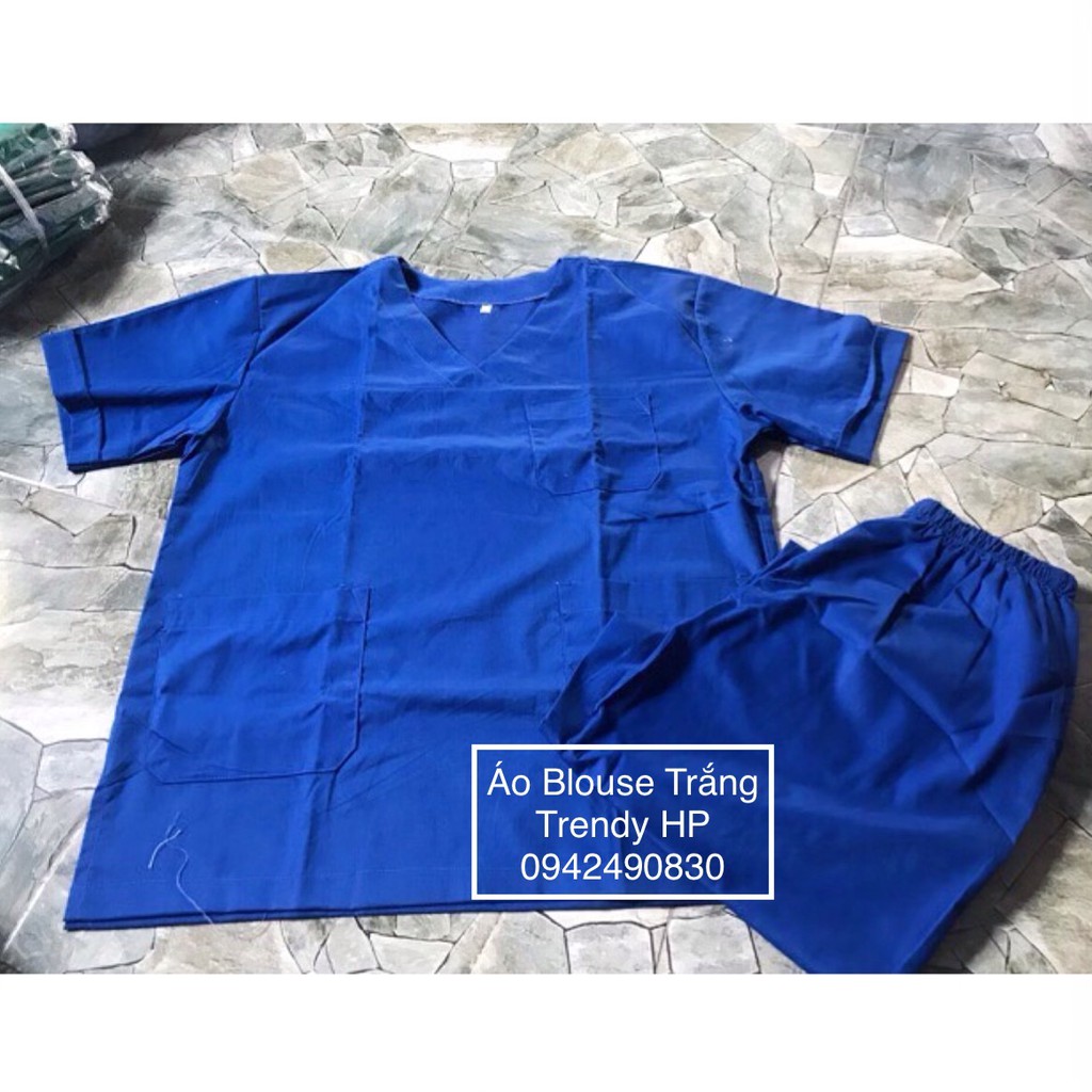 Bộ scrubs - bộ quần áo cổ tim nam nữ màu xanh lam (xanh đoàn) cho bác sĩ, điều dưỡng, phục hồi viên