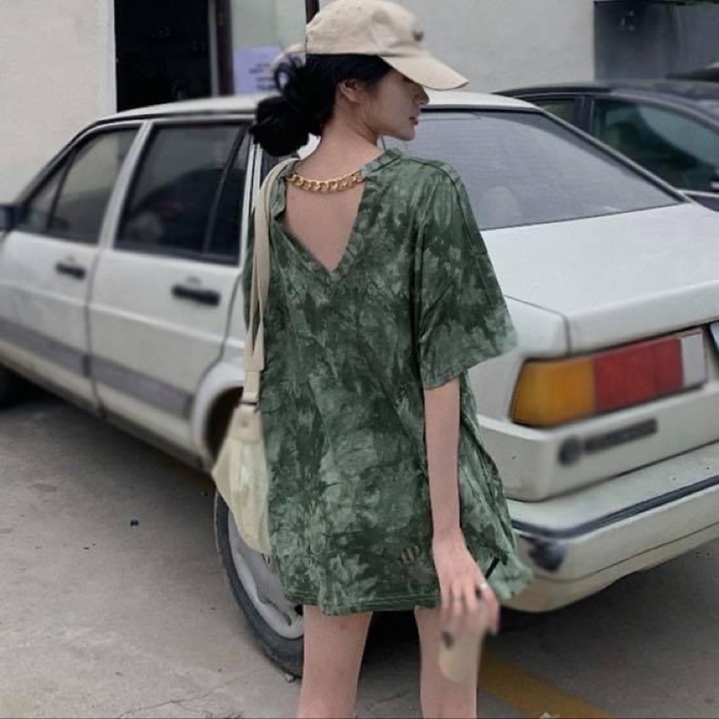 Áo thun nữ tay ngắn oversize form rộng loang màu nhuộm tie-dye cut out lưng - Order taobao quảng châu