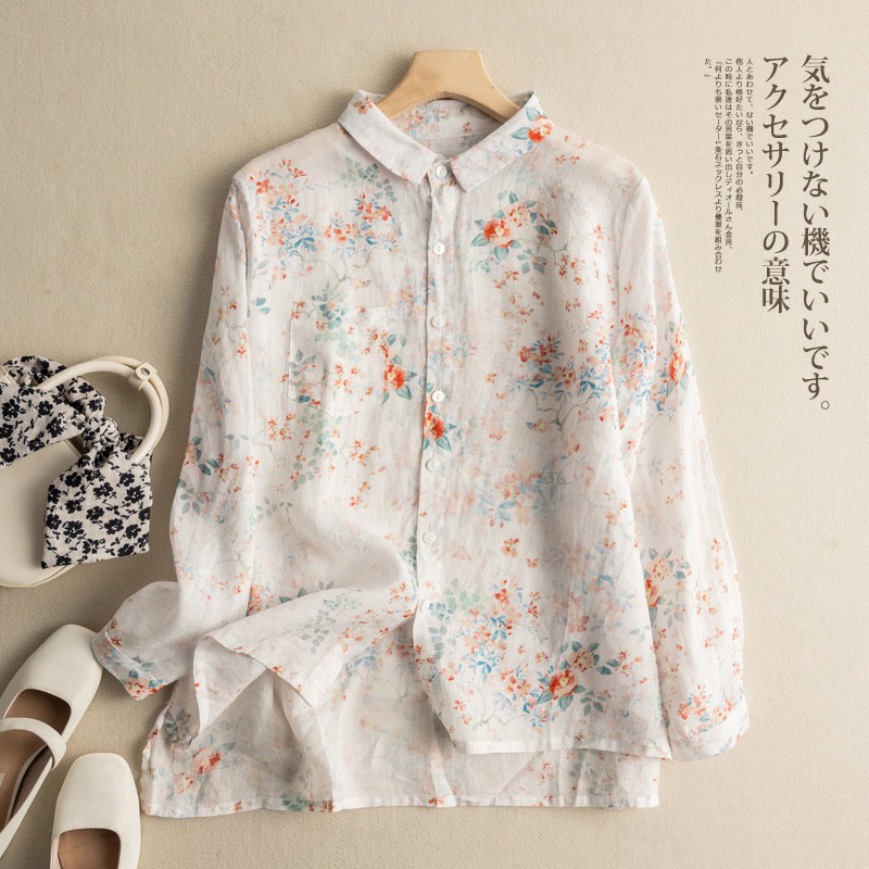 Ice tops floral cotton linen long-sleeved shirt linen foreign trade export big brand discount
