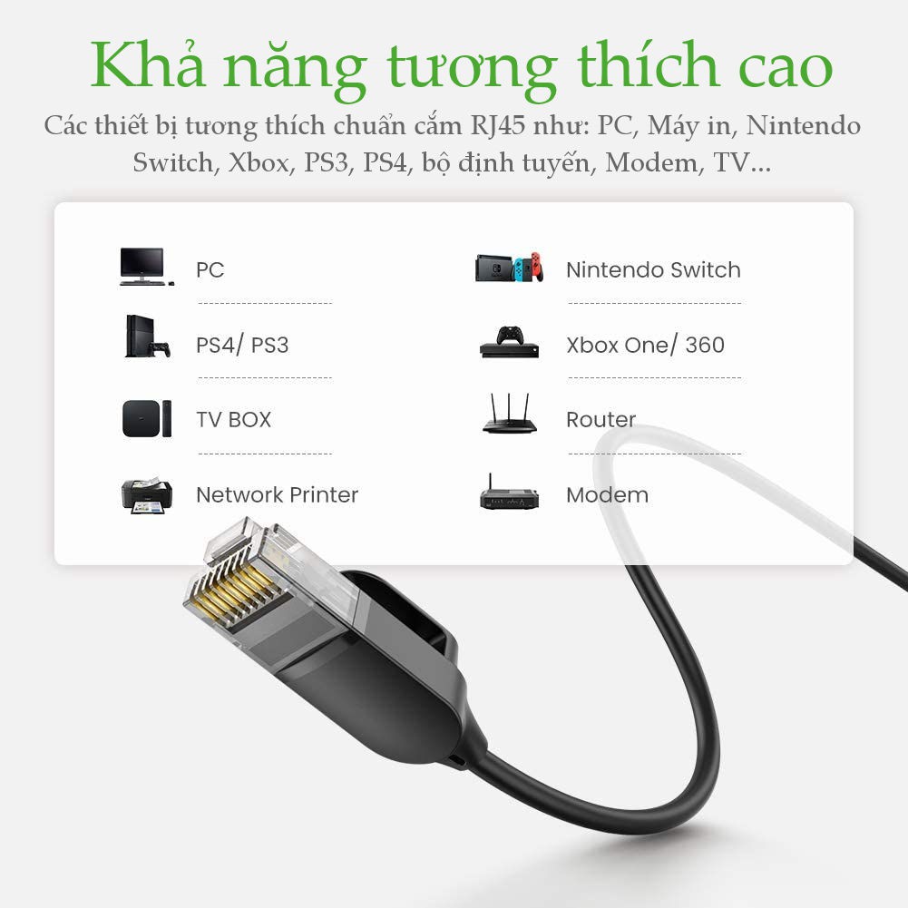 Dây cáp mạng Ethernet chuẩn CAT6A đầu cắm RJ45 siêu mỏng, hỗ trợ tốc độ nhanh lên đến 10Gbps dài từ 0.5-2m UGREEN NW122