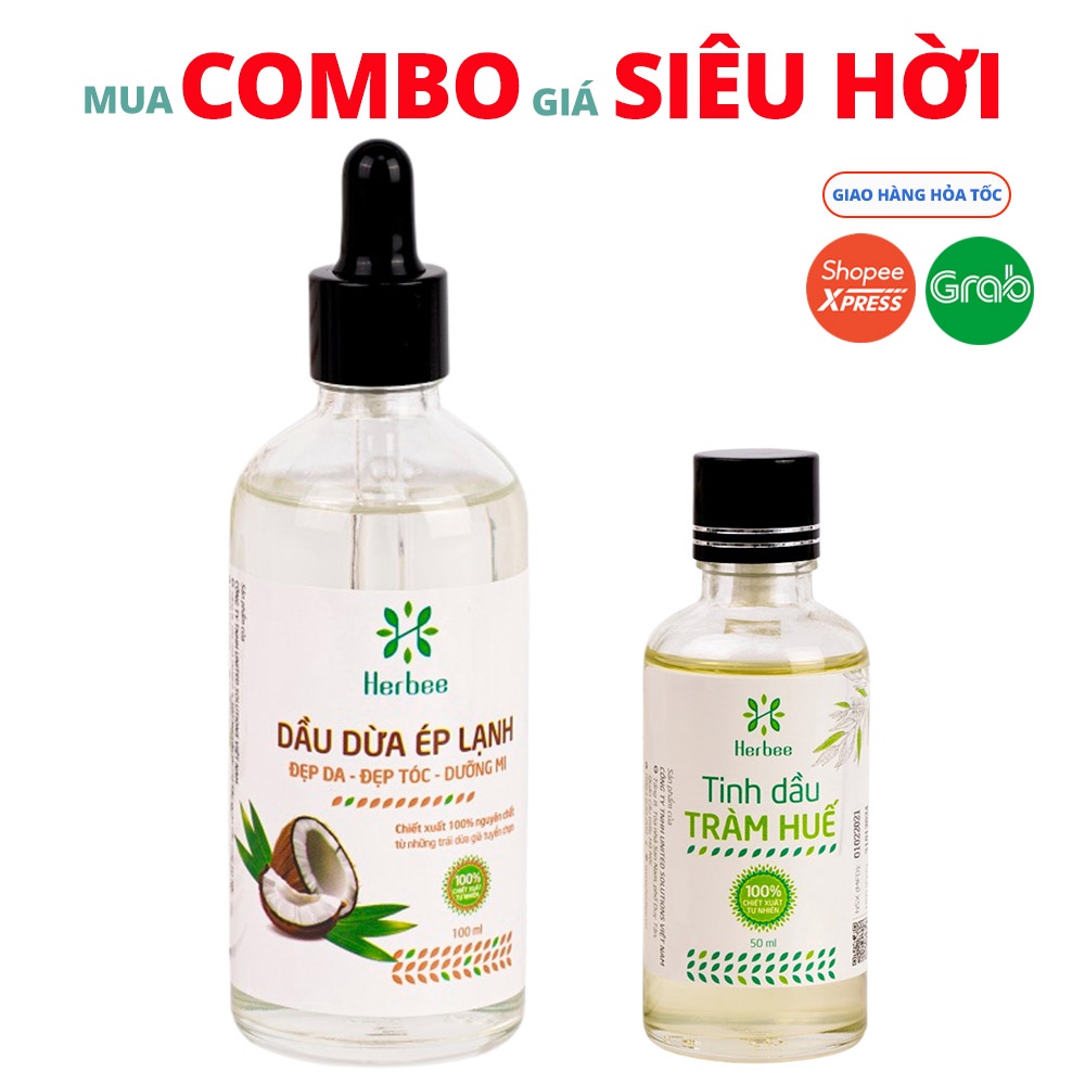 Combo Dầu Dừa Ép Lạnh (100ml) và Tinh Dầu Tràm Huế (50ml) Thương Hiệu Herbee, Combo Massage &amp; Giữ Ấm Cho Mẹ Bé