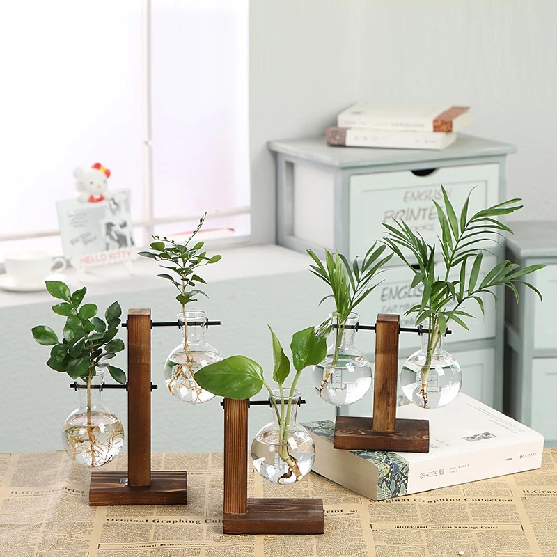 Chậu Hoa Thủy Tinh Mini Trong Suốt Kèm Khung Đứng Để Bàn Trang Trí Nhà Cửa / Văn Phòng