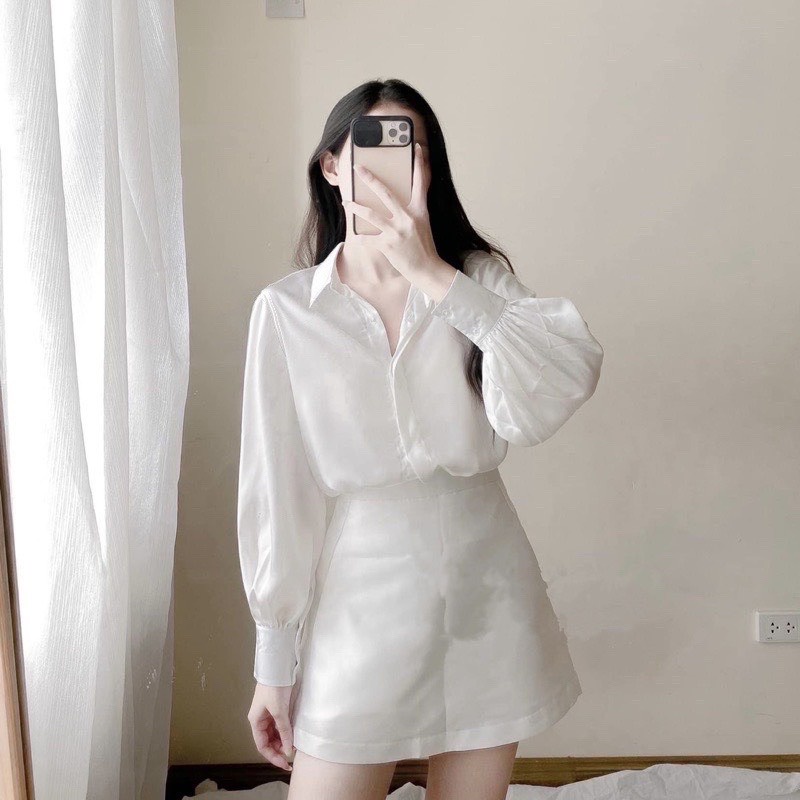 Áo sơ Mi Lụa Phom Suông Dài Tay CHIPY Cổ Đức Công Sở Chất Lụa Ngọc Trai Mềm Mịn Không Nhăn Nhàu Mặc Đi Làm Màu Trắng