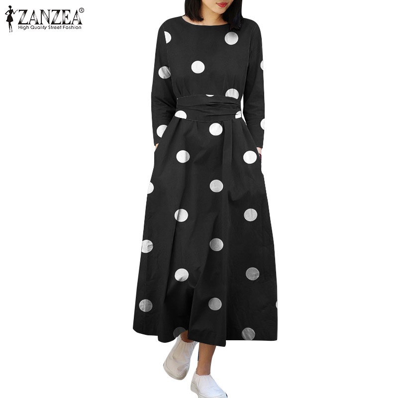 Đầm maxi ZANZEA dài tay họa tiết chấm bi thanh lịch thời trang cho nữ