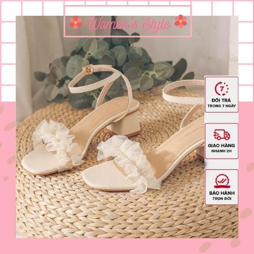 Sandal nữ gót đế vuông quai voan đá 5 phân, Giày cao quai bèo óng ánh 3 màu đen, trắng, kem Size từ 35- 39