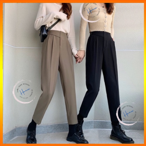 Quần Baggy Nữ Ống Suông Hai Cúc Cạp Chéo Dáng Suông Lưng Chun Sau Co Giãn Dáng Công Sở Hanva