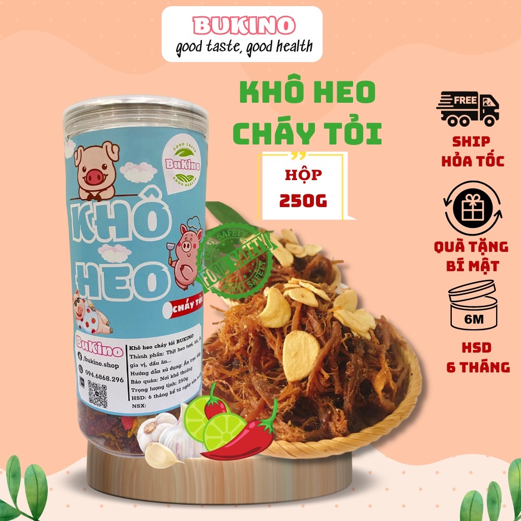 Heo khô, khô lợn cháy bơ tỏi BUKINO, khô heo hộp 250gr, đồ ăn vặt ngon rẻ Hà Nội, ship hỏa tốc