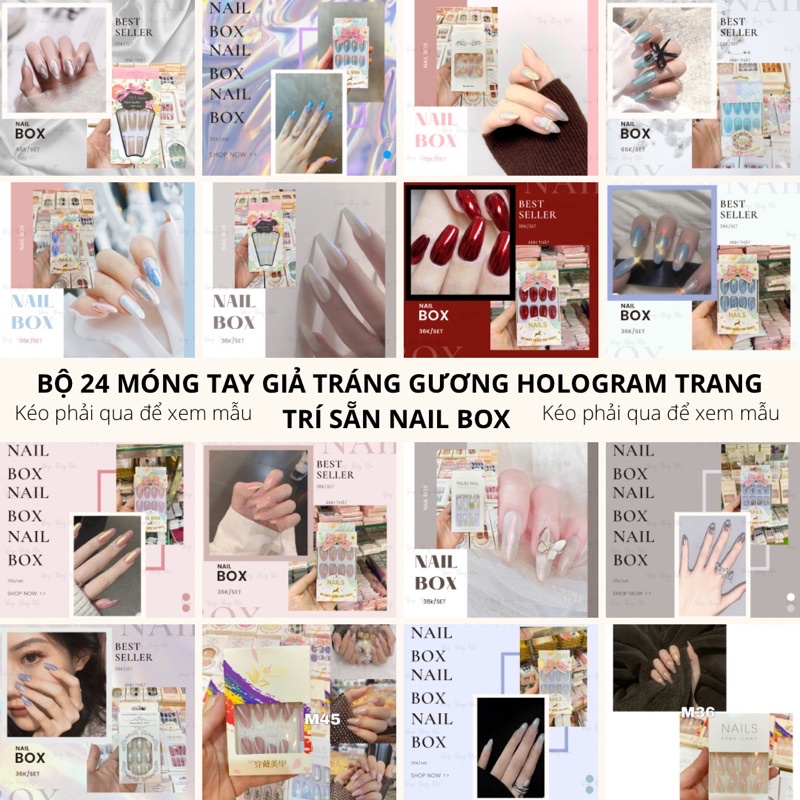 [SẴN] Bộ 24 móng tay đủ size,kích cỡ Nail Box trang trí sẵn tiện lợi hoạ tiết tráng gương Hologram dán móng tay nail