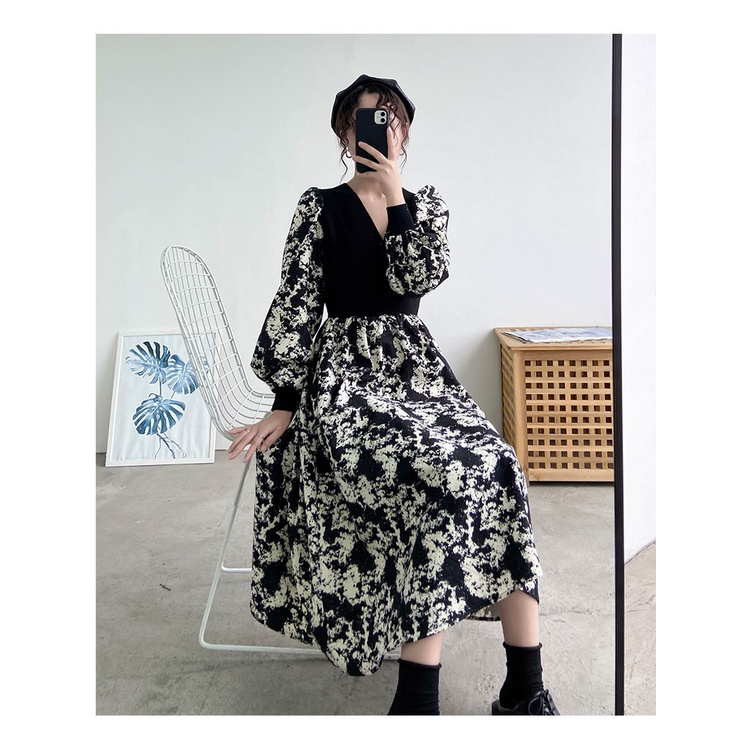 Đầm ZHELIHANGFEI tay dài dáng dài qua gối thời trang theo phong cách retro