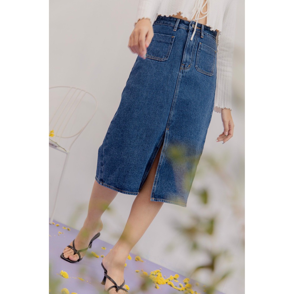 LIBÉ - Chân váy jeans dài 2 túi đắp màu xanh navy | BigBuy360 - bigbuy360.vn