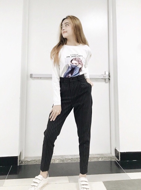 Quần baggy nút kẻ sọc hai túi