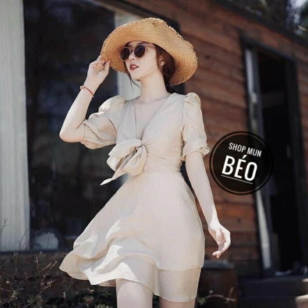 HOT Đầm Xoè Tay Con Buộc Dây Nơ Ngực Tông Nude Trầm (còn ít)