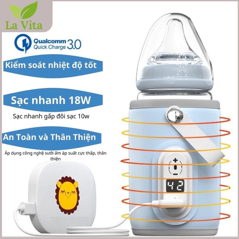 Túi hâm sữa di động, ủ bình sữa thông minh, giữ nhiệt bình bằng USB Lavita