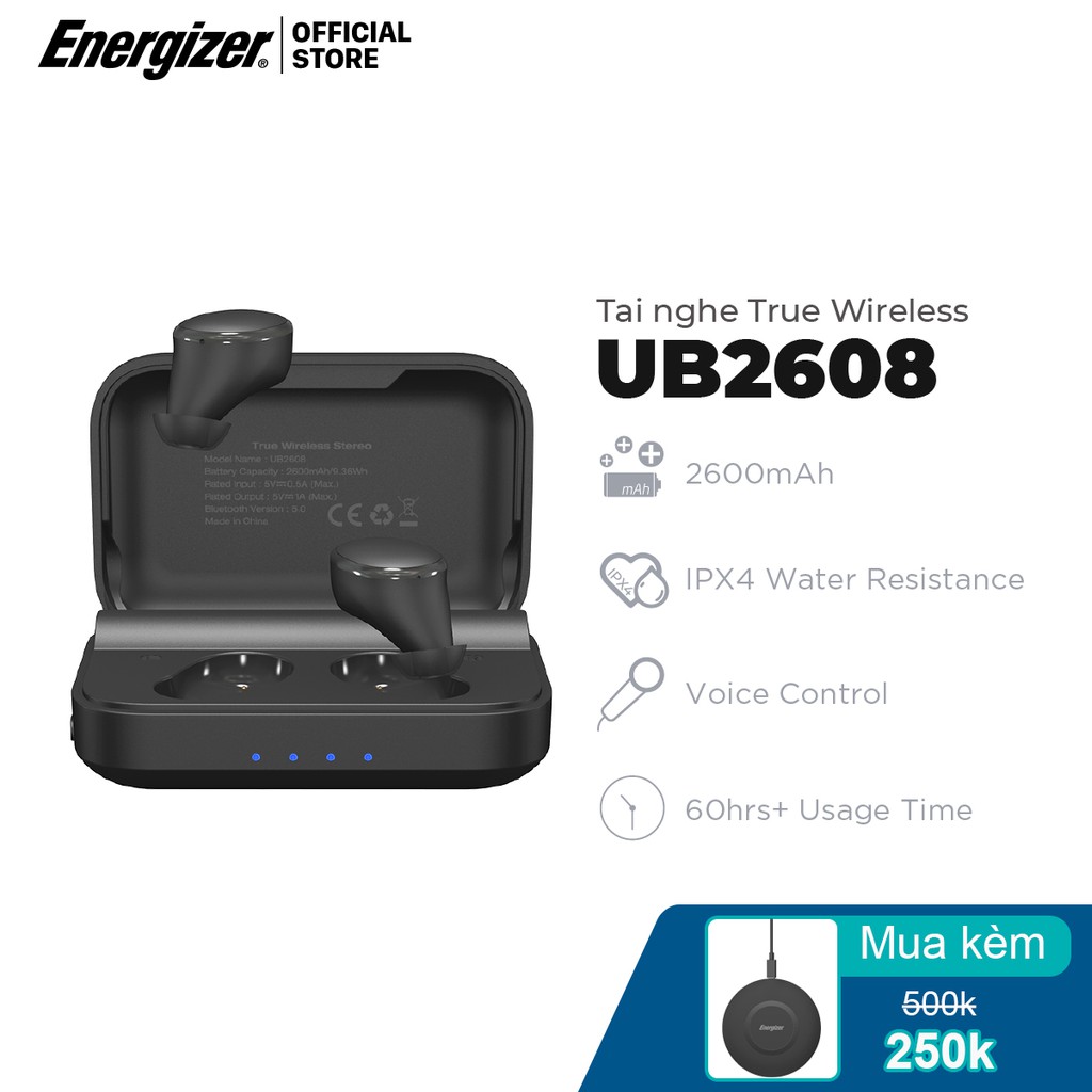 Tai nghe True Wireless Energizer UB2608, kèm hộp sạc di động, chống thấm nước IPX4