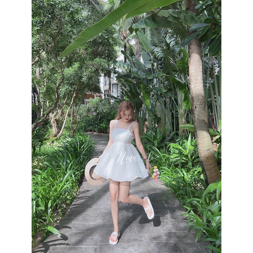 Váy đầm nữ dáng xòe voan lông vũ hai dây nơ lưng dễ thương