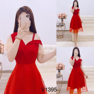 VÁY ĐỎ LỆCH VAI TAY CHUN V395 [KÈM ẢNH THẬT]