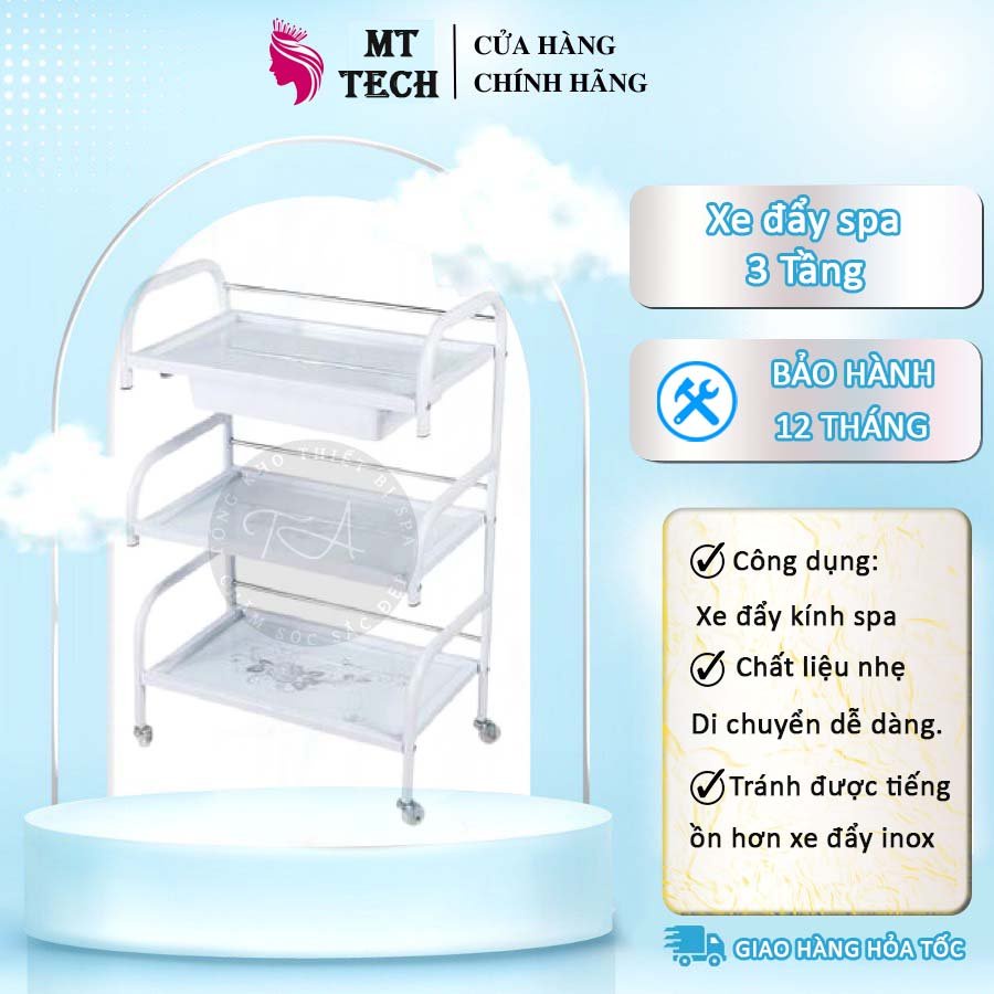 [ Xe đẩy ] Spa 3 tầng mặt kính hoa văn có khay Dùng Cho Quán Tóc Spa Tmv