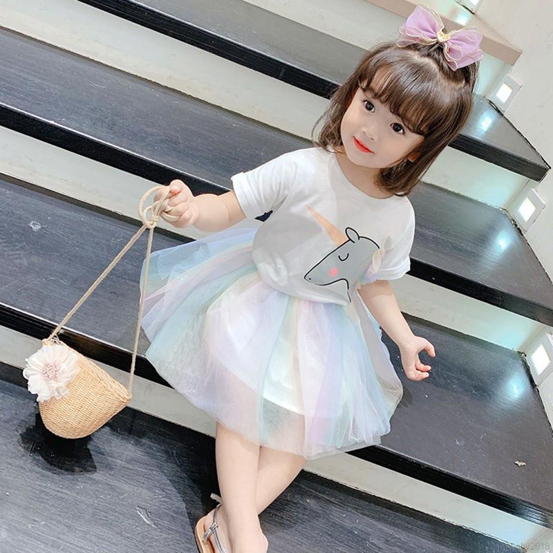 MYBABY Baby Girls Cartoon Print Flashing Shiny Top + Rainbow Gauze Skirt Suit