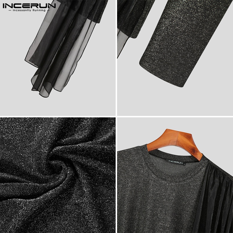 Áo kiểu INCERUN tay dài dệt kim phối lưới sáng bóng độc đáo thời trang dành cho nam