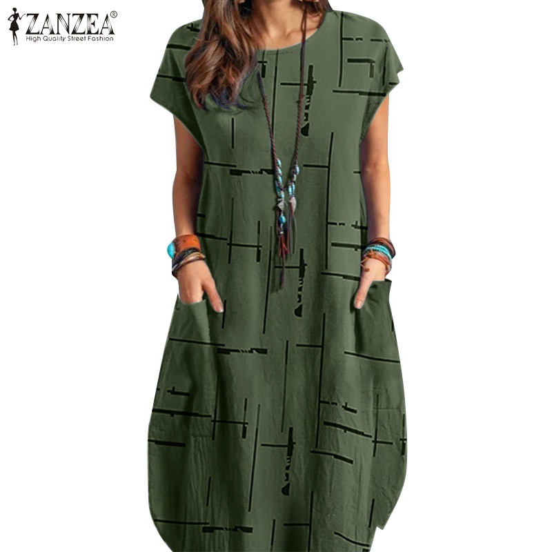Zanzea Đầm Midi Ngắn Tay Cổ Tròn In Họa Tiết Phong Cách Châu Âu Thời Trang Cho Nữ