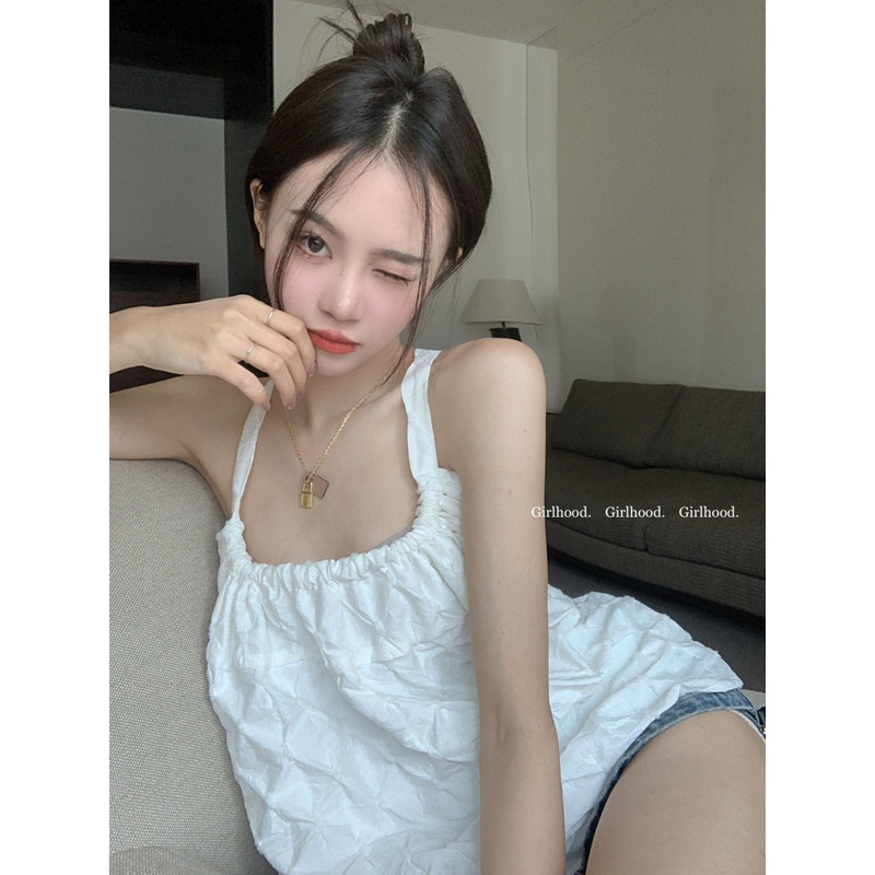 Áo Hai Dây Dáng Rộng Màu Trắng Thời Trang Mùa Hè Dễ Thương Cho Nữ