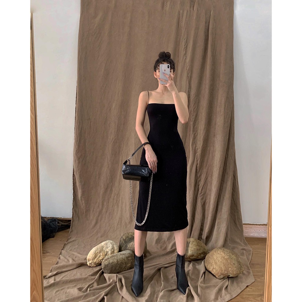 Váy Hai Dây Dài BUSY Thun Dẻo Hai Lớp Co Giãn Xẻ Vạt VHDD | BigBuy360 - bigbuy360.vn