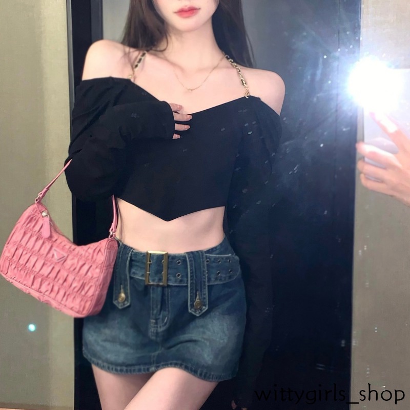Wittygirls_ Shop | Áo Thun Tay Dài Phối Dây Xích Thời Trang Mùa Xuân Quyến Rũ Cho Nữ