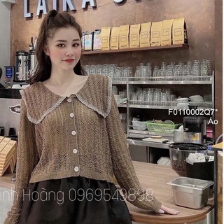 Áo len sợi cổ bèo phối viền ren tay dài