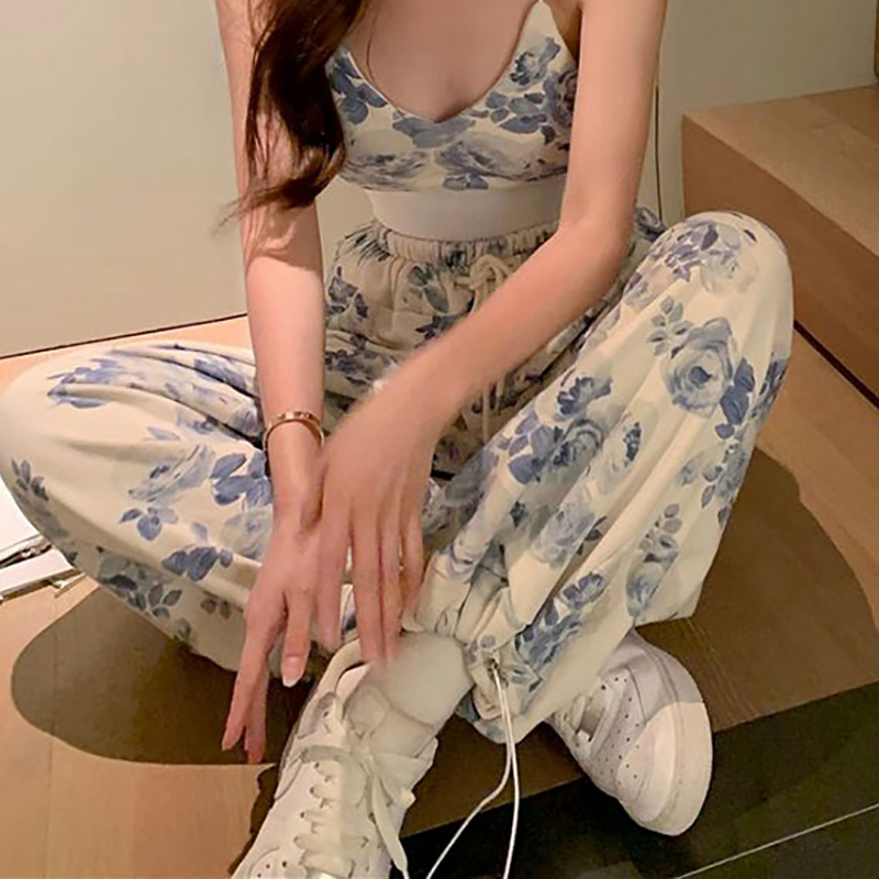 IELGY Set Áo Dây Nữ Cộc Tay Cổ Tròn + Quần Dài Bó Sát Lưng Cao Thời Trang Nữ