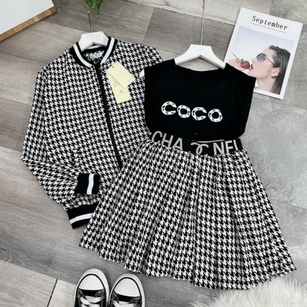 set chân váy xếp ly 2 lớp vải dạ, áo khoác dạ, áo thun 3 món siêu sinh. | BigBuy360 - bigbuy360.vn