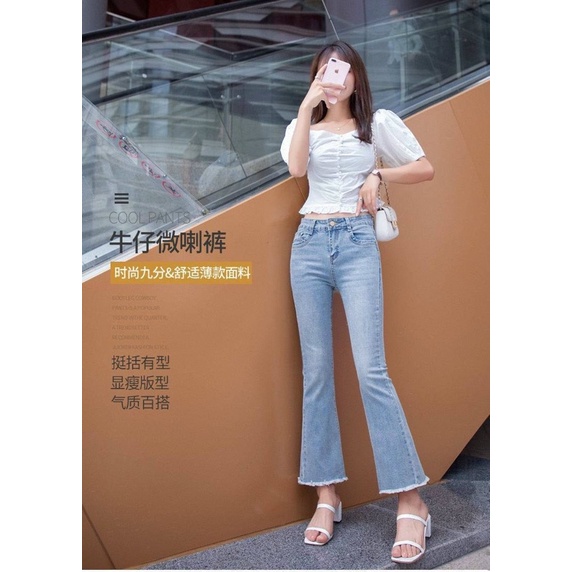 Quần jean nữ ống loe cạp cao,quần bò ống loe lưng cao xẻ gấu đính hạt