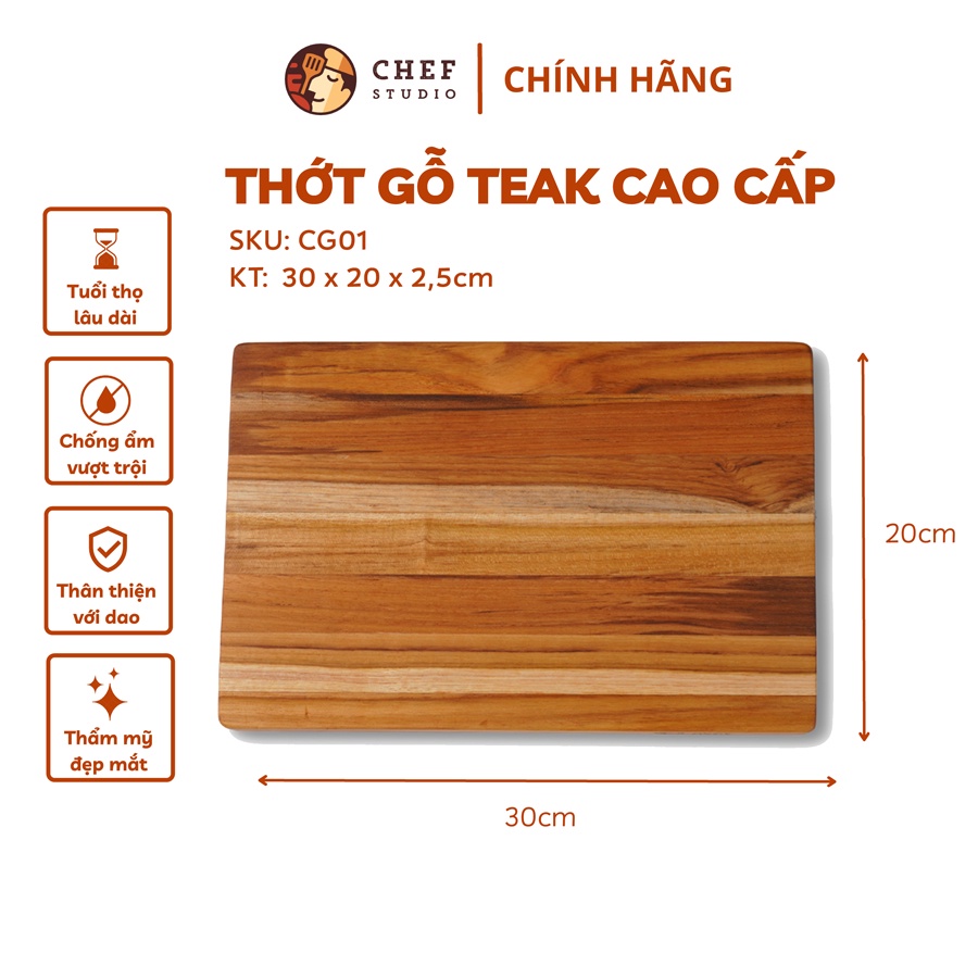 Thớt gỗ Teak Chef Studio hình chữ nhật, nhiều kích cỡ lựa chọn. Dùng cắt, thái, khay trưng bày thực phẩm.