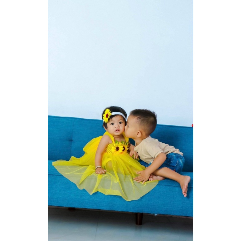 Đầm bé váy, Váy công chúa tutu dễ thương cho bé - hoa hướng dương+ Ảnh thật