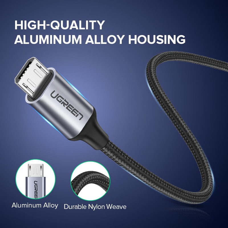 Cáp sạc UGREEN bện nylon Micro USB hỗ trợ sạc nhanh 100cm