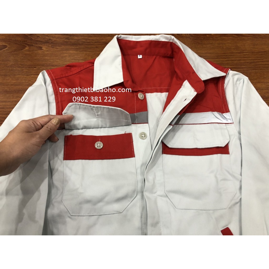 Bộ quần áo bảo hộ vải kaki màu ghi phối đỏ DN12 - hình thật