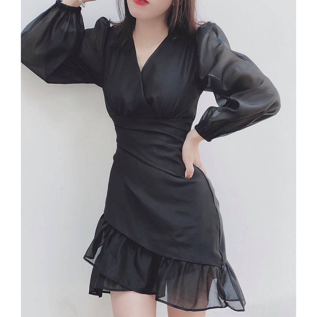 Đầm voan cổ đắp tay dài đuôi bèo chéo trắng/đen